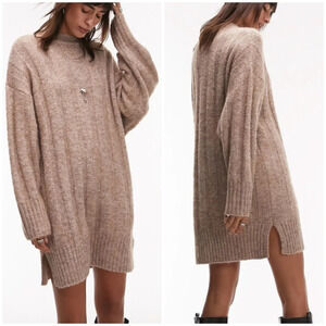Topshop Women's XS Beige Oversized Funnel Neck Wide Rib Mini Dress Long Sleeve